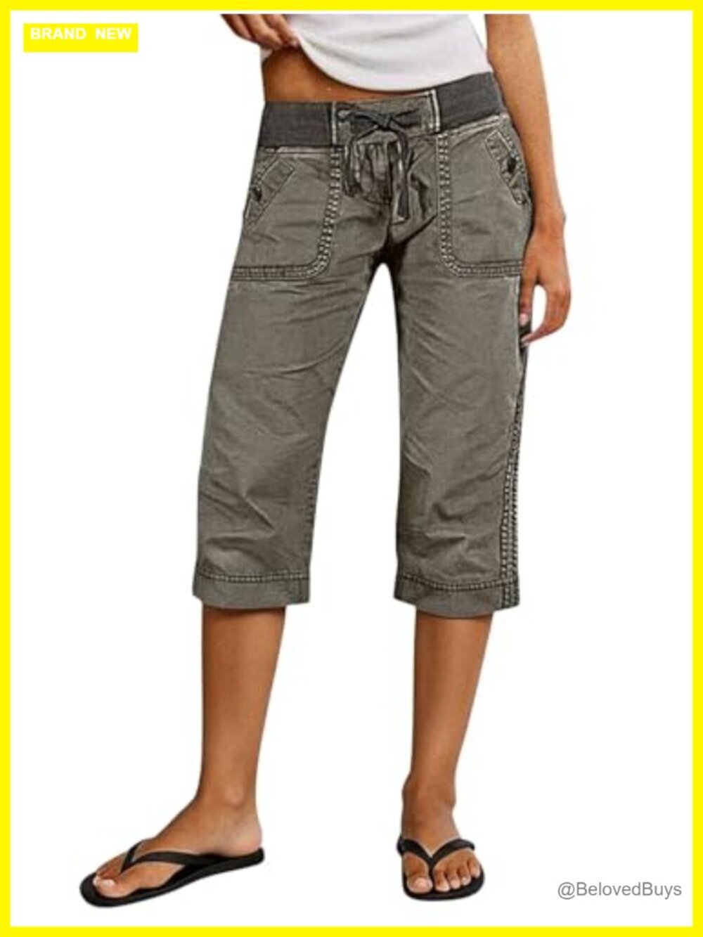 Straight Leg High Waist Capri Drawstring Pants Cotton Spandex